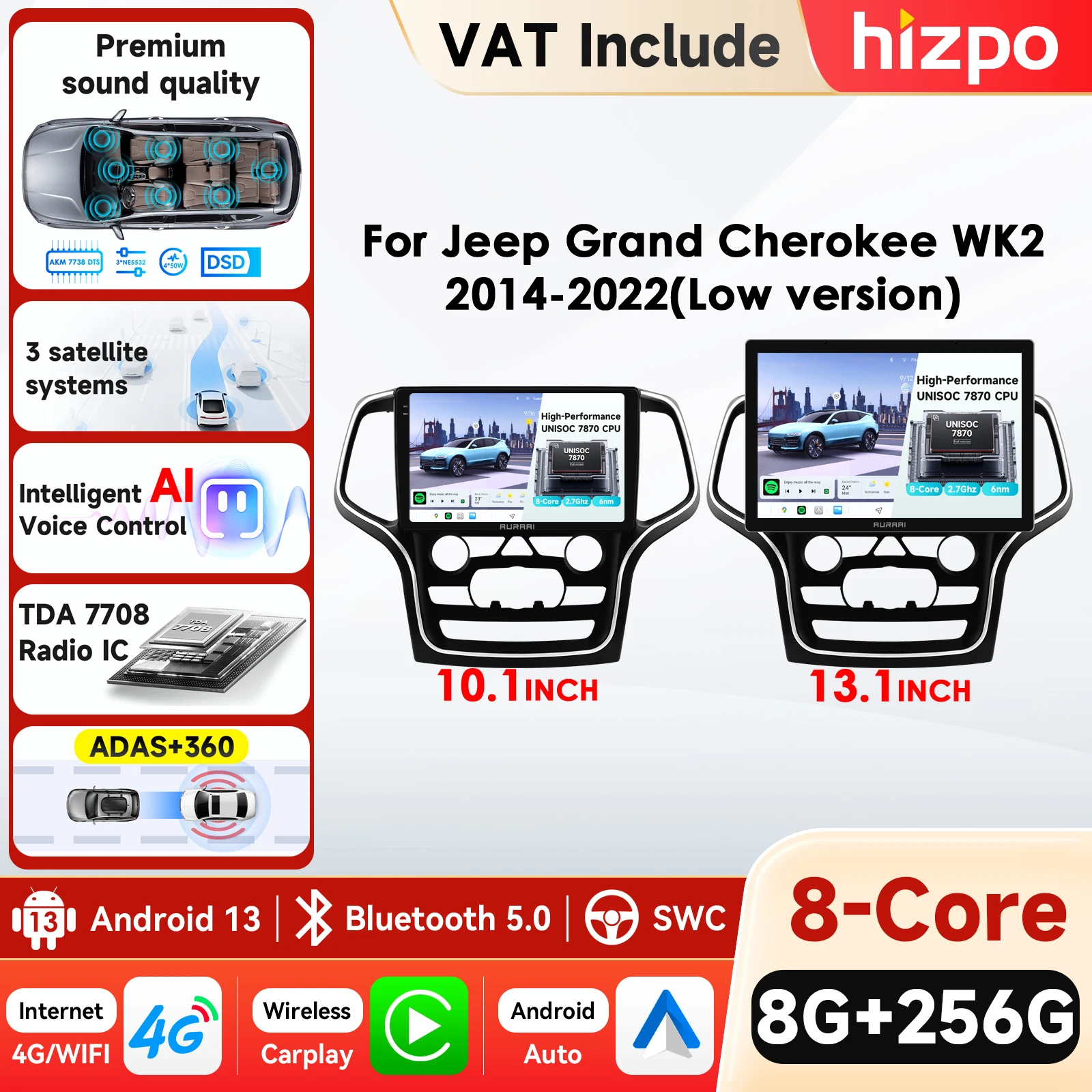 Pantalla Hizpo 2K para Jeep Grand Cherokee WK2 2014-2022 reproductor Multimedia de Audio Android Auto Carplay GPS WIFI FM Autoradio 360CAM 1