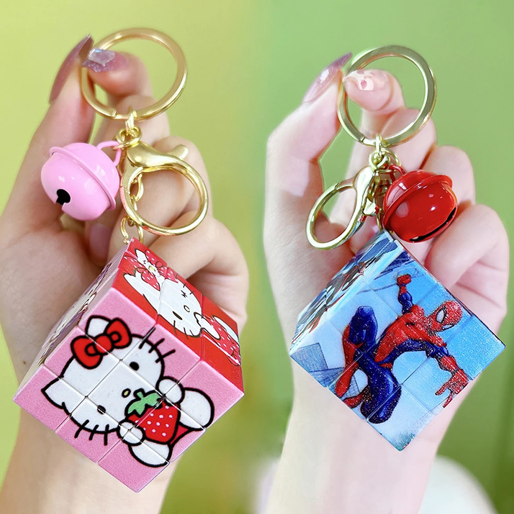 Брелок для ключей Sanrio, мультяшный Кубик Рубика, кольцо для ключей с Hello Kitty, модные ювелирные украшения, «Человек-паук», «стеллало», развивающая игрушка, мини-подарок