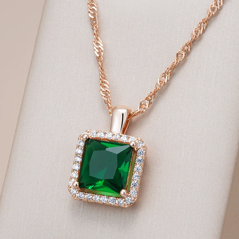 Kinel Luxury Square Green Natural Zircone Collana Con Ciondolo Per Donna Fashion 585 Rose Gold Color Bride Wedding Statement Jewelry