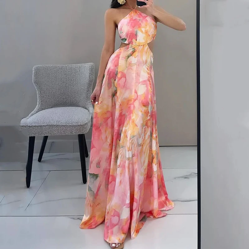 

Ellafads Maxi Dress Women Summer Fashion Printed Sleeveless Halter Neck Backless Lace Up Sexy Beach Party Long Dress Streetwear