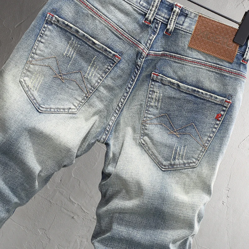 Summer Fashion Men Jeans Embroidery Designer Retro Elastic Slim Fit Ripped Short Jeans Men Vintage Casual Denim Shorts Men