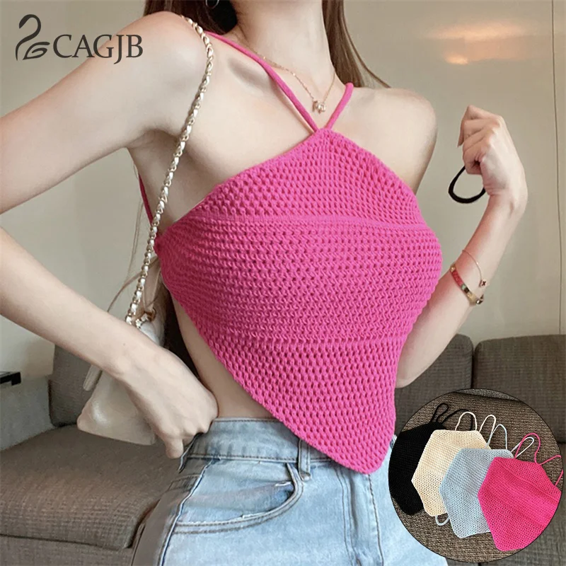 

1PCS Women Summer Sexy Hollow Out Halter Camisole Solid Color Sleeveless Backless Irregular Knitted Tank Top