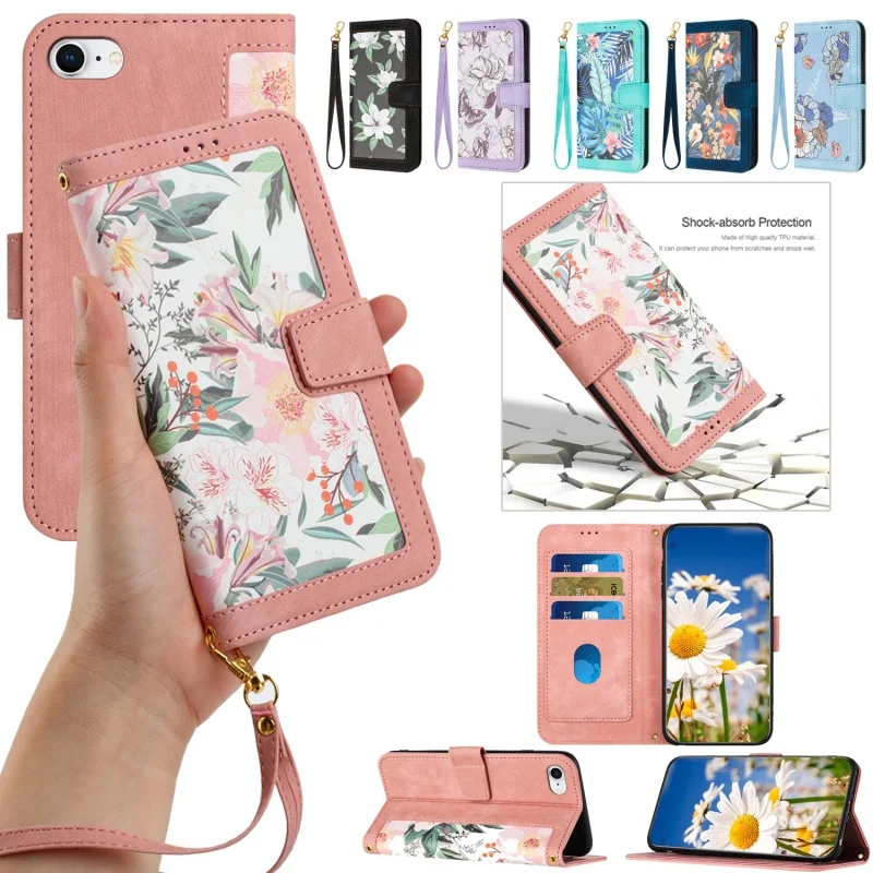Embossed Flower Leather Wallet Phone Case with Wrist Strap and Card Holder