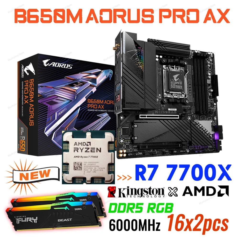 

Gigabyte B650M AORUS PRO AX DDR5 AMD B650 GAMING Motherboard Combo R7 7700X Ryzen 7000 Series CPU Kingston DDR5 Memory 32GB RAM