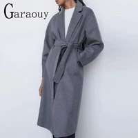 Garaouy Autumn Winter Women Basic Lapel Solid Belt Woolen Coat Female Casual Commut Outwear Loose Midi Length Jacket Overcoat 1