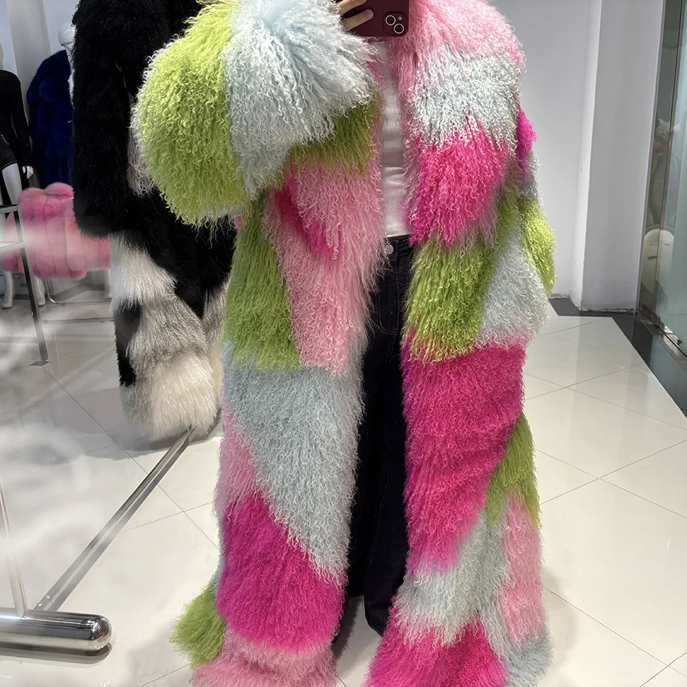 YOLOAgain 135-140cm Floor Length Mongolia Sheep Fur Coat Women Winter Warm Party Long Fur Coat Ladies Overcoat
