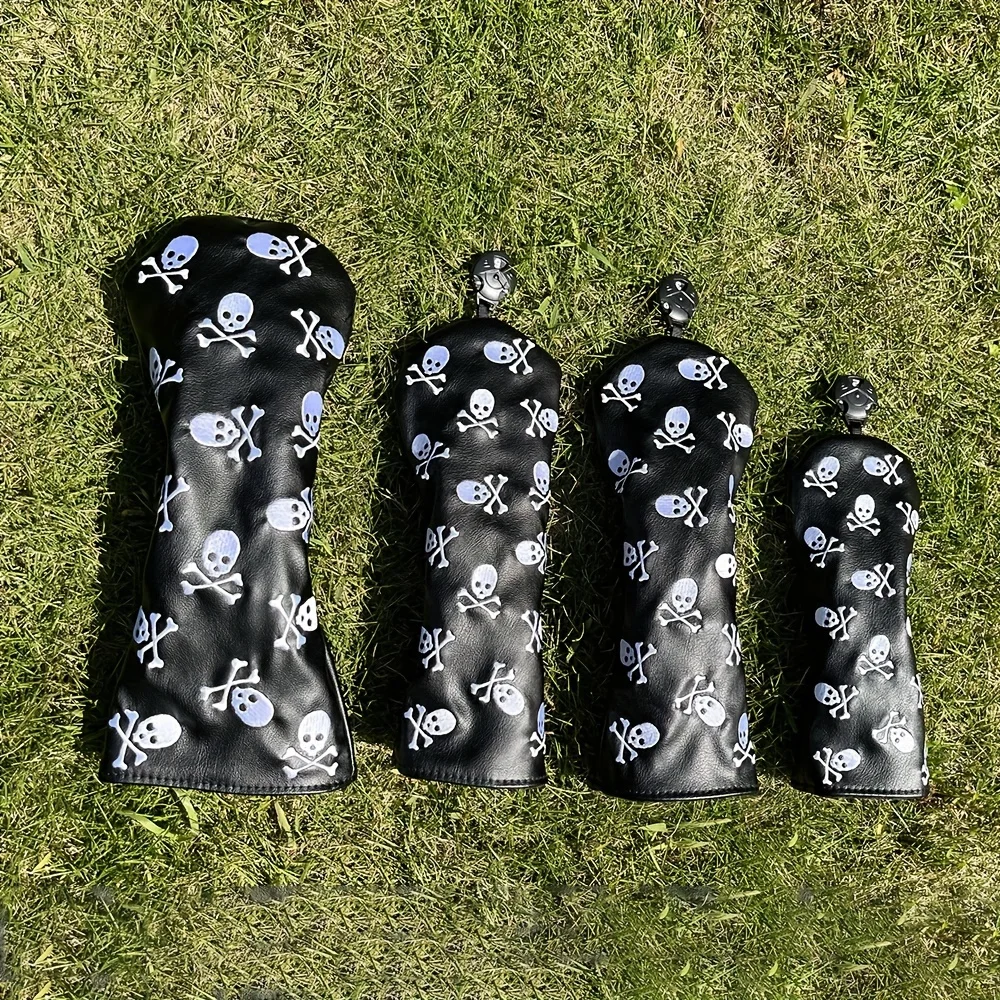 Fashionable Skull Embroidered Pattern Durable Golf Club Head Covers, For Hybrid, Driver, Fairway Wood, Golf Accessories 4