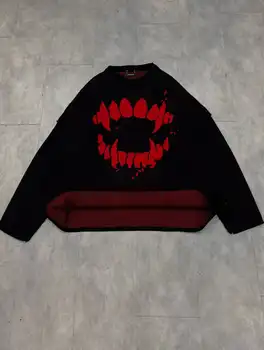 American Black Long Sleeve Sweater Gothic Embroidery Pullover Goth Retro Casual Streetwear Old Money Men Boxy Knitted Clothing