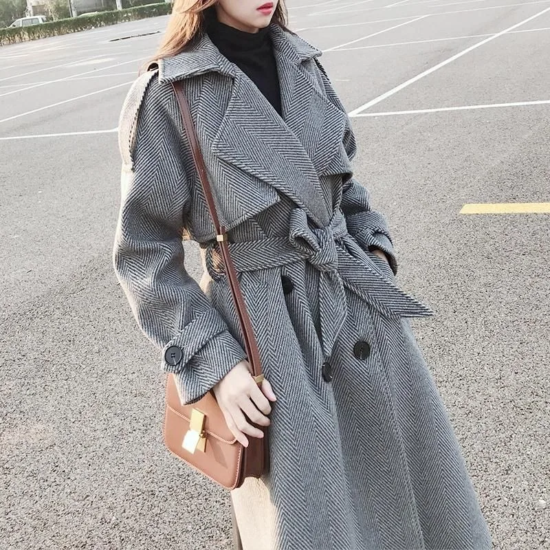 2023 Spring Autumn New Thickened Coat Women Mid Length Over Knee Woolen Overcoat Loose All-in-one Trench Jacket