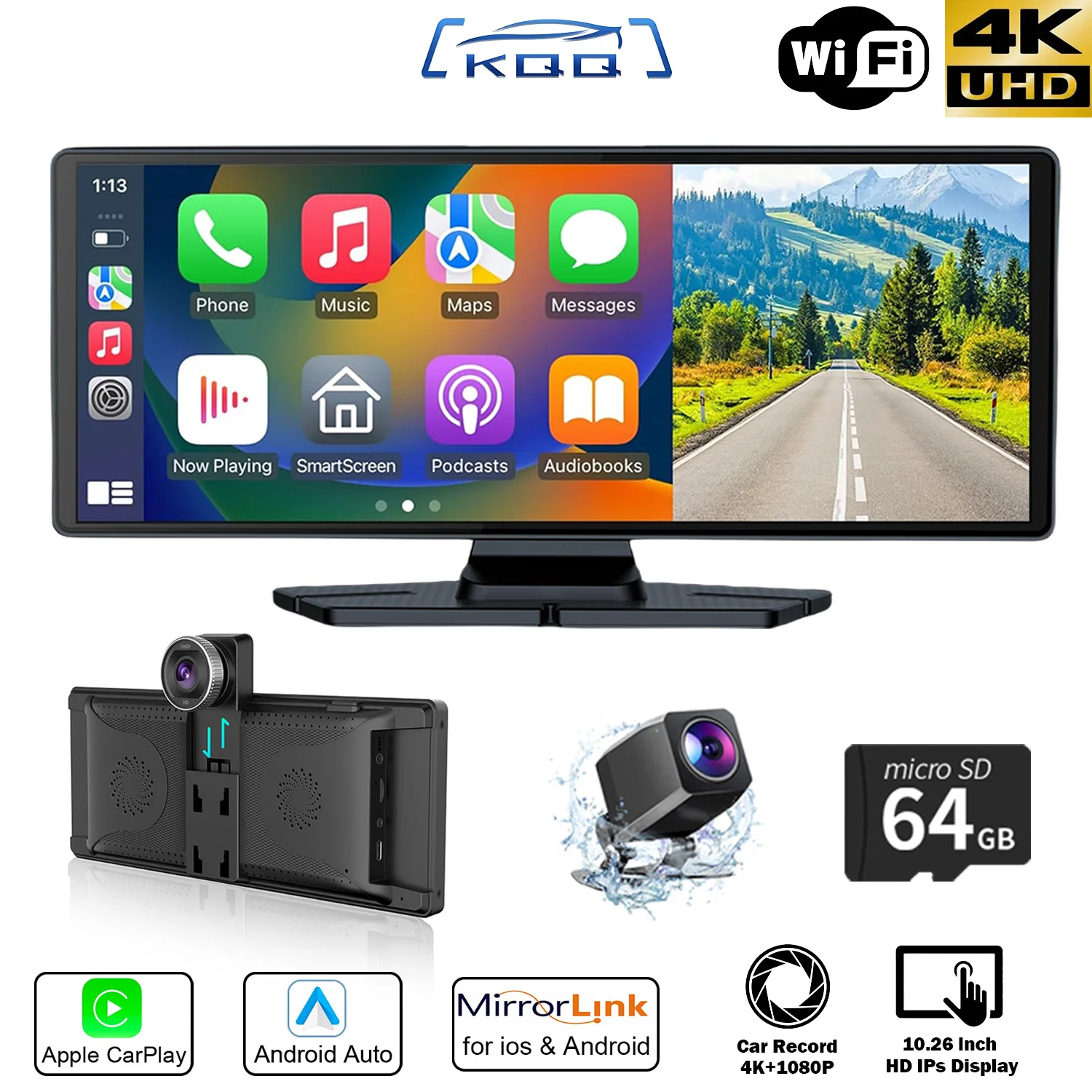 

KQQ 10.26" Car Intelligent Screen with 4K Dash Cam Carplay Android Auto Portable Car Stereo Touchscreen Car Multimedia Player