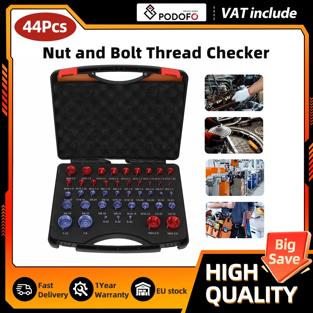 Podofo 44 PCS Standard & Metric Nut and Bolt Thread Checker Nut Bolt Gauge Size Checker for Compact & Narrow Area