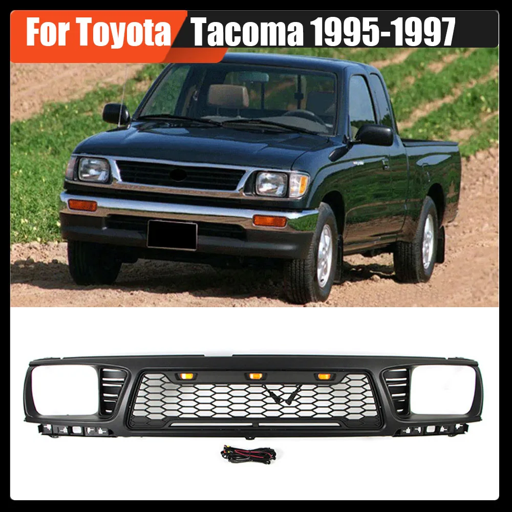 

Front Bumper Grille Trims Cover Racing Grills Black Compatible Fit Mash Grill With 3 LED Lights For Toyota Tacoma 1995-1997