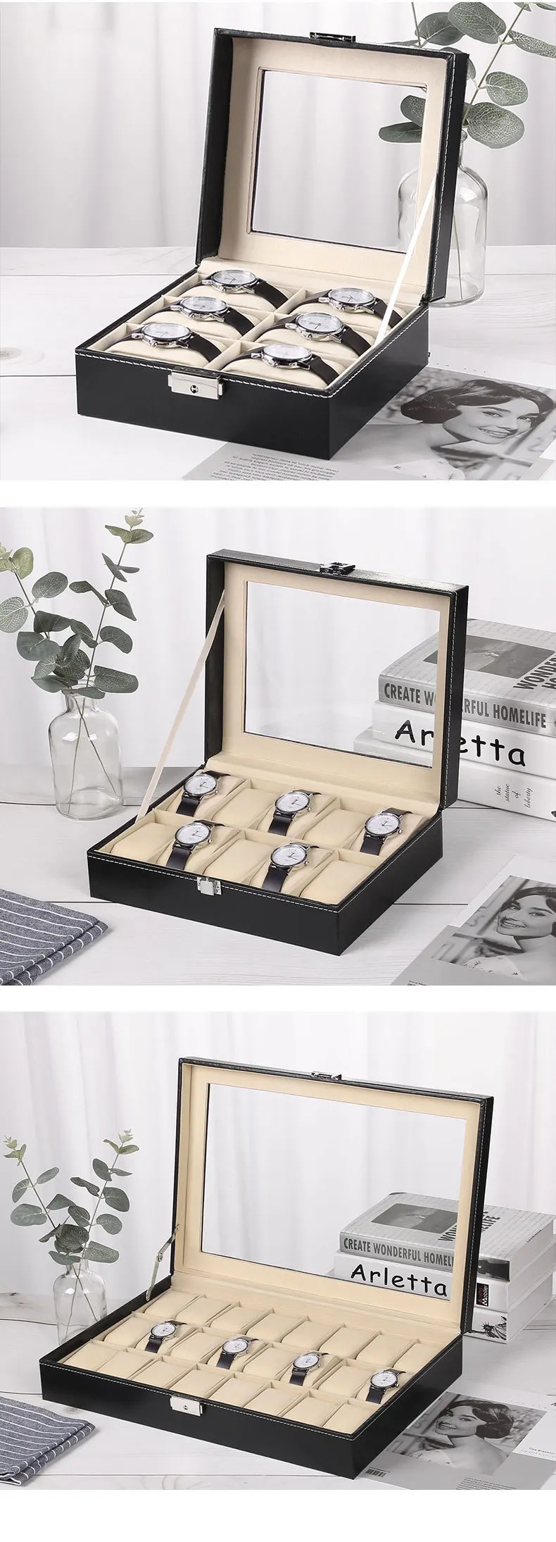 Multiple Slots Luxurious PU Watch Box 2/3/4/5/6 Grids Jewelry Ring Earrings Organizer F... - SKU PWB00958 - UGI Packaging