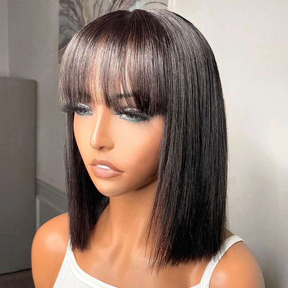 Straight Wig With Bangs Brazilian Fringe Bob Human Hair Wigs Full Machine Made Wigs For Women Glueless Short Bob Wig Ready To Go