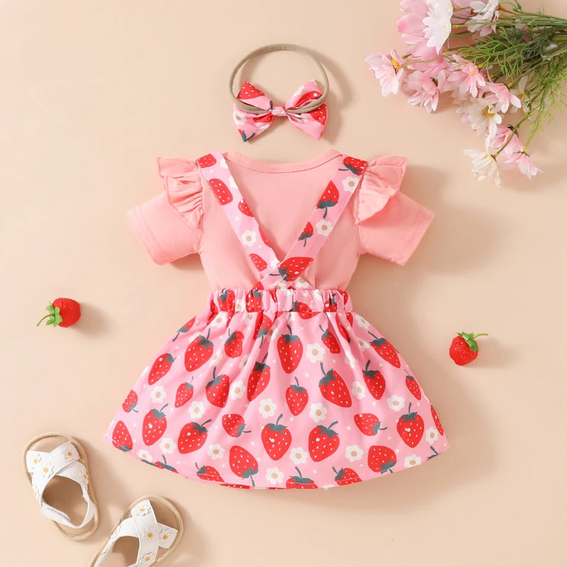

Strawberry Outfit Baby Girl Romper Suspender Skirt Set Ruffle Short Sleeve Bodysuit Sleeveless Overall Dress Headband