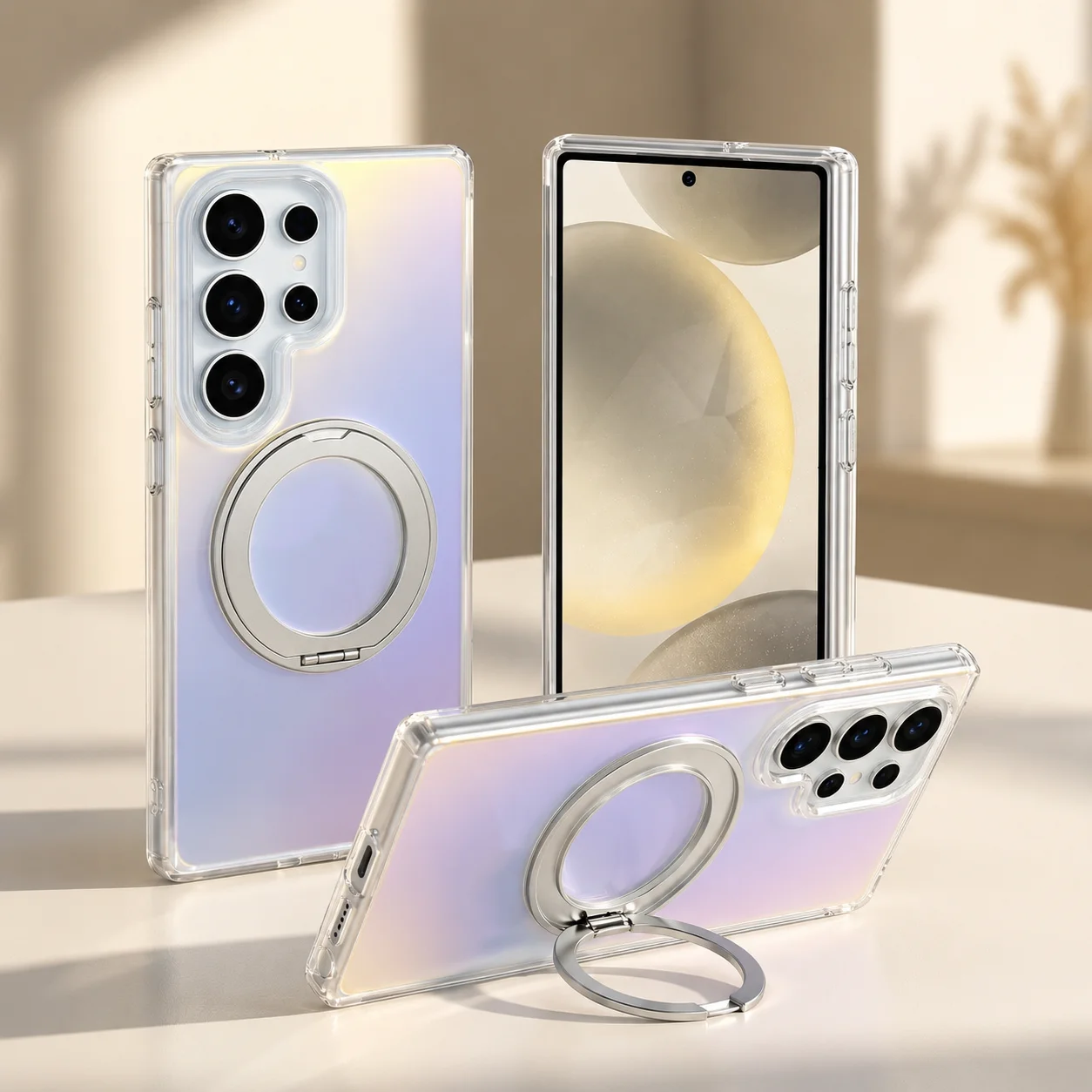 3-in-1 Gradient Flash Transparent Phone Case with Built-In Magnetic Ring Stand