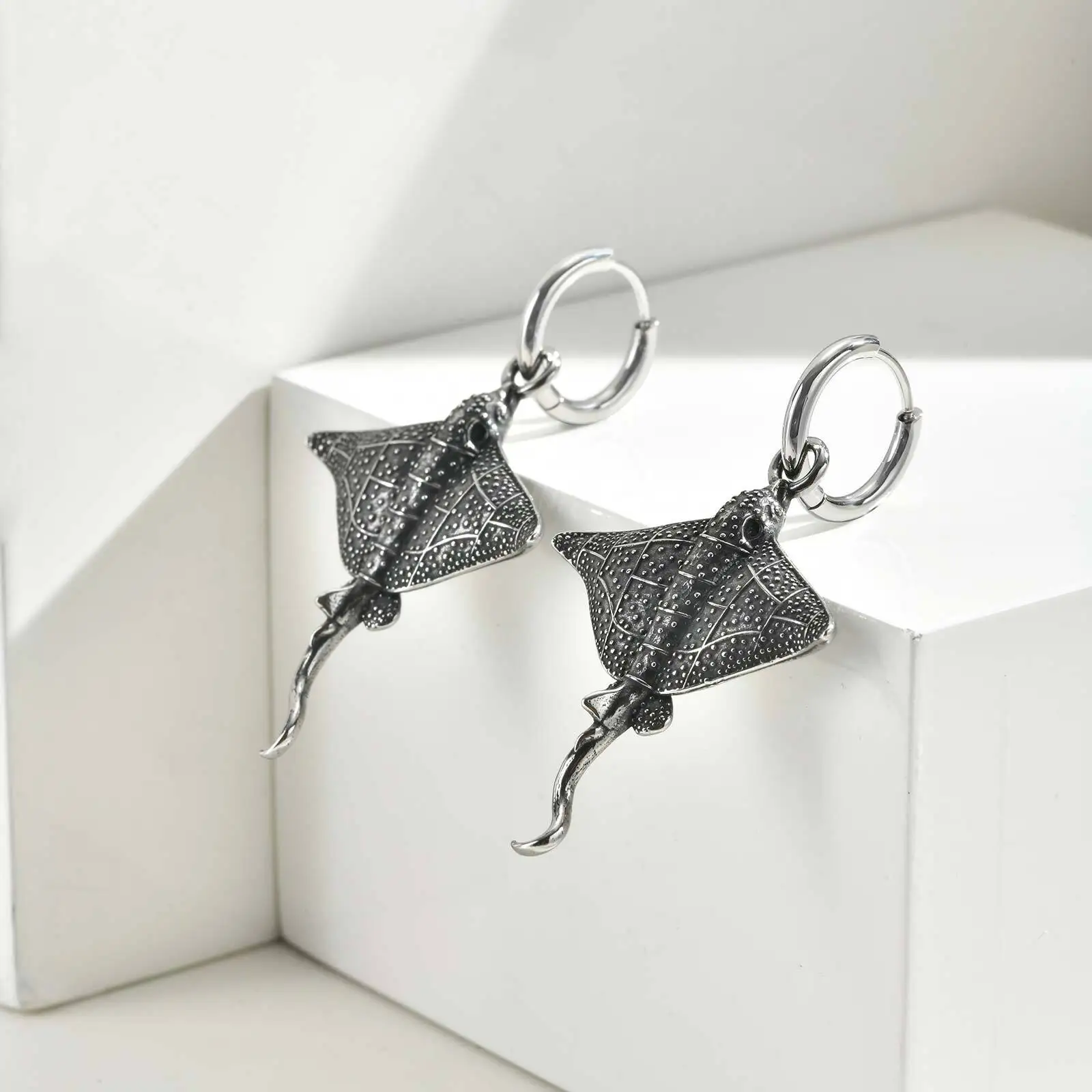 Waterproof Devil Fish Hoop Earrings for Men,Stainless Steel Fish Drop Earring
