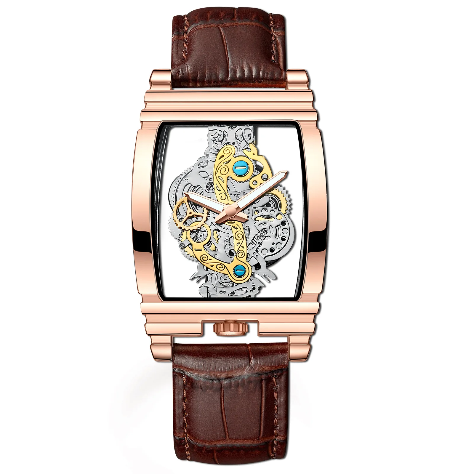 New barrel type men's quartz watch square transparent full hollow flywheel waterproof watch leather steel band luminous watch