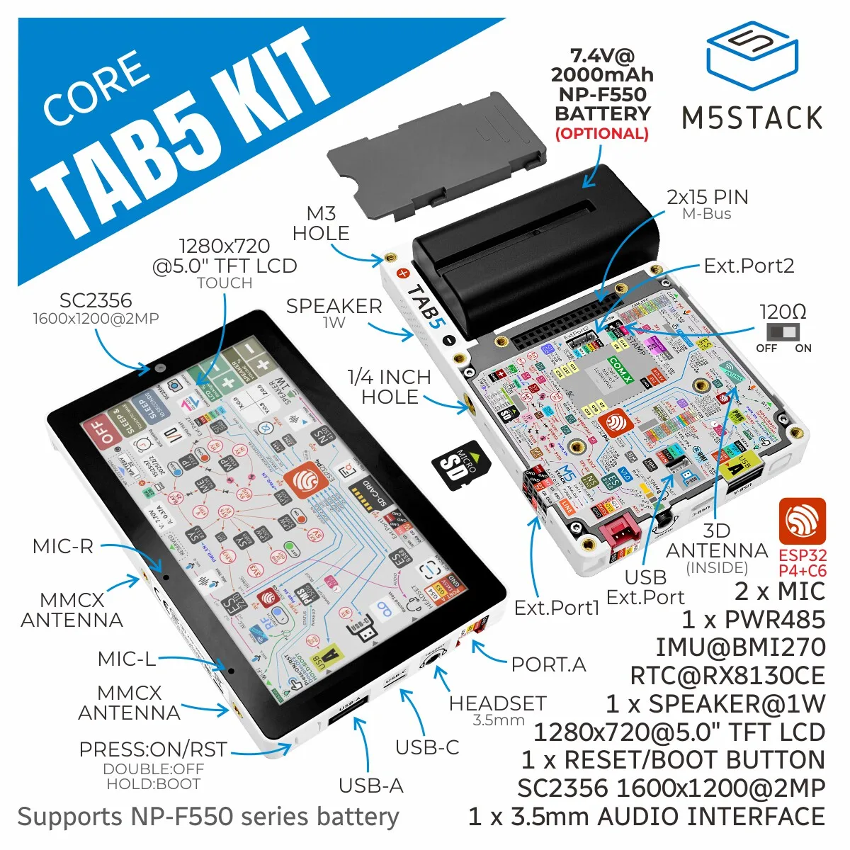 M5Stack 공식 휴대용 스마트 IoT 터미널 TAB5 (ESP32-P4 및 ESP32-C6 칩셋 탑재)