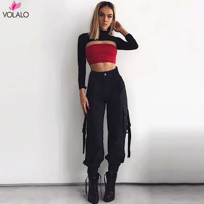 

VOLALO 2024 Spring Streetwear Cargo Pants Women Casual Joggers Black High Waist Pants Loose Female Trousers Ladies Pants Capri