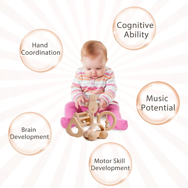 Beech Baby Teether Toys Bear Hand Teething Baby Rattles Wood Ring Cartoon Car Play Gym Montessori Stroller Toy Educational Toys - 2