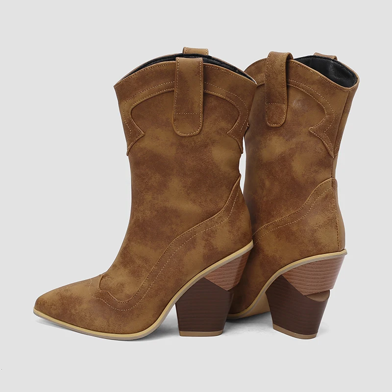 Kcenid Plus Size 48 New Ladies Pointed Toe Cowboy Boots Fashion Denim Chunky High Heels women's Boots Party Sexy Woman Shoes