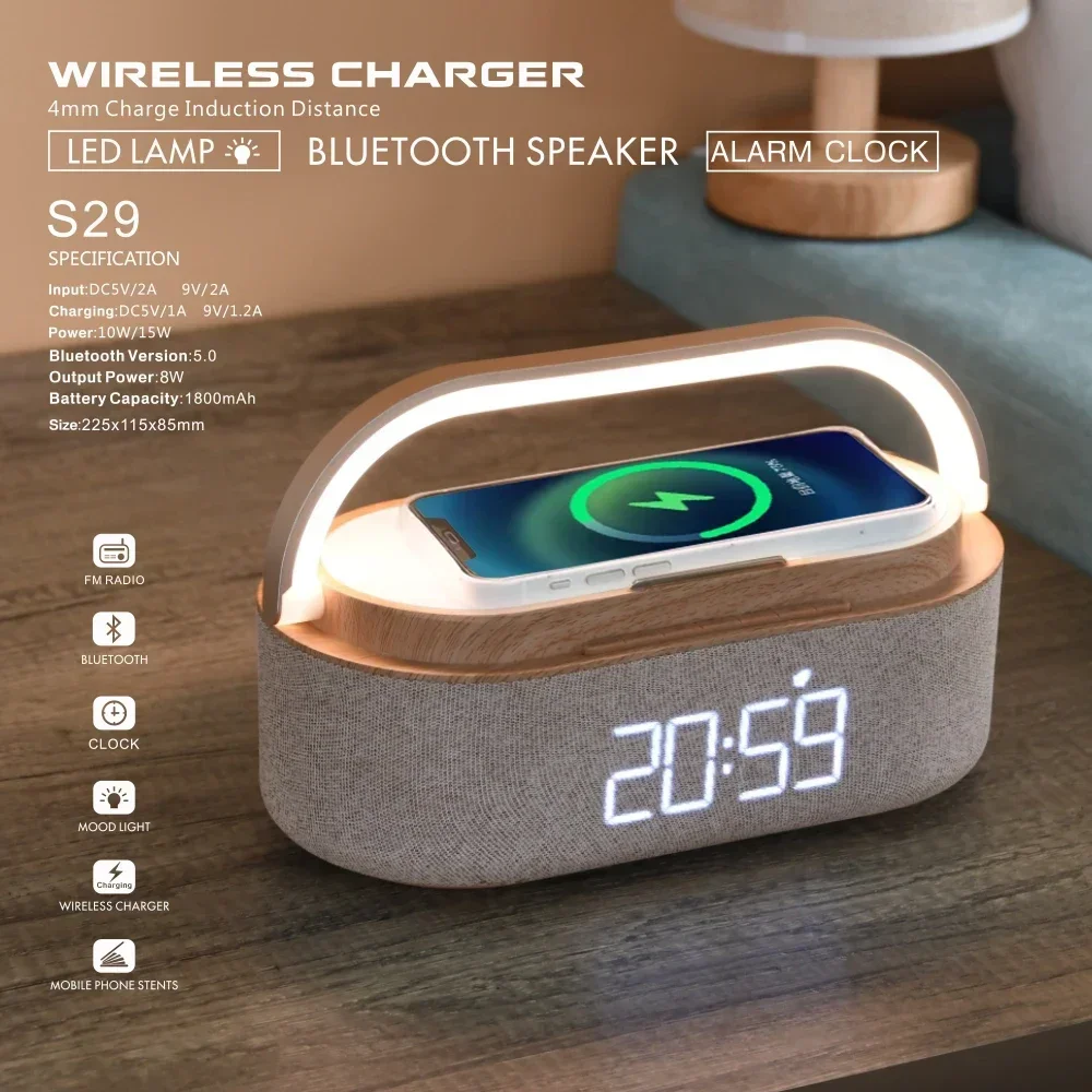 

COSLUR-S29 Bluetooth Speaker, Wireless Charging, Digital Clock Display, Night Light, Alarm Clock, 2500mAh Battery, Supports 15W