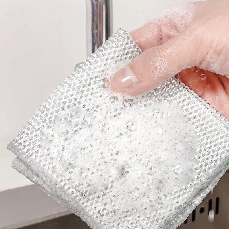 20/5PCS Magic Dishcloth Steel Silver Wire Cleaning Cloth Non-Scratch Dishrag Stain Microfiber Mesh Rag Thickened Kitchen Towel