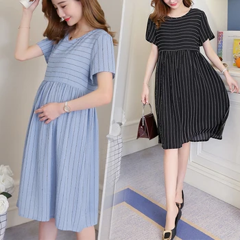 Maternity Spring and Summer Pregnancy Dress Ruffled Short-sleeved Striped Stitching Maternity Clothes Loose Dress for Premama