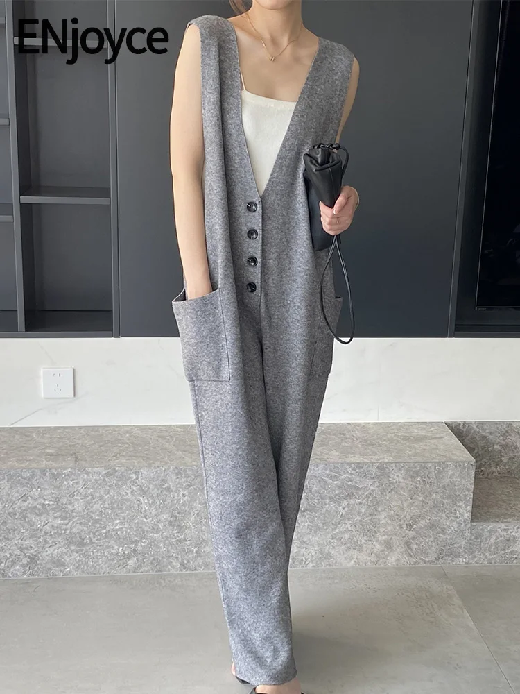 

ENjoyce Spring Fall Women Vintage Wide Suspender Knit Strap Jumpsuit Ladies Casual V Neck Rompers Pockets Overalls Bodysuit