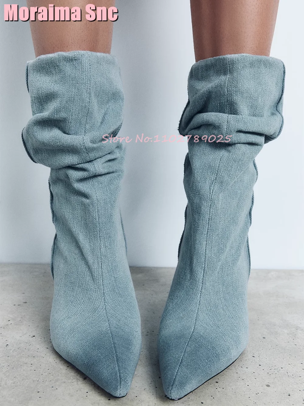 

Denim Pointed Toe Pleated Mid Calf Boots Stiletto High Heel Slip On Fashion Sexy Women Boots Autumn Winter Boots Concise Style