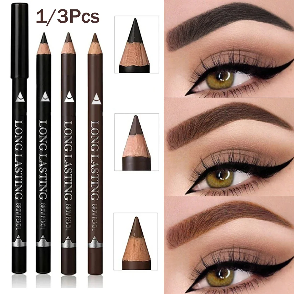 Eyeliner Pencils 3-Color Long Lasting Black Brown Eyebrow & Eyeliner Pencil Waterproof Sweat Proof Halo Proof Wooden Pole Liner Cosmetic Pen 1/3Pc