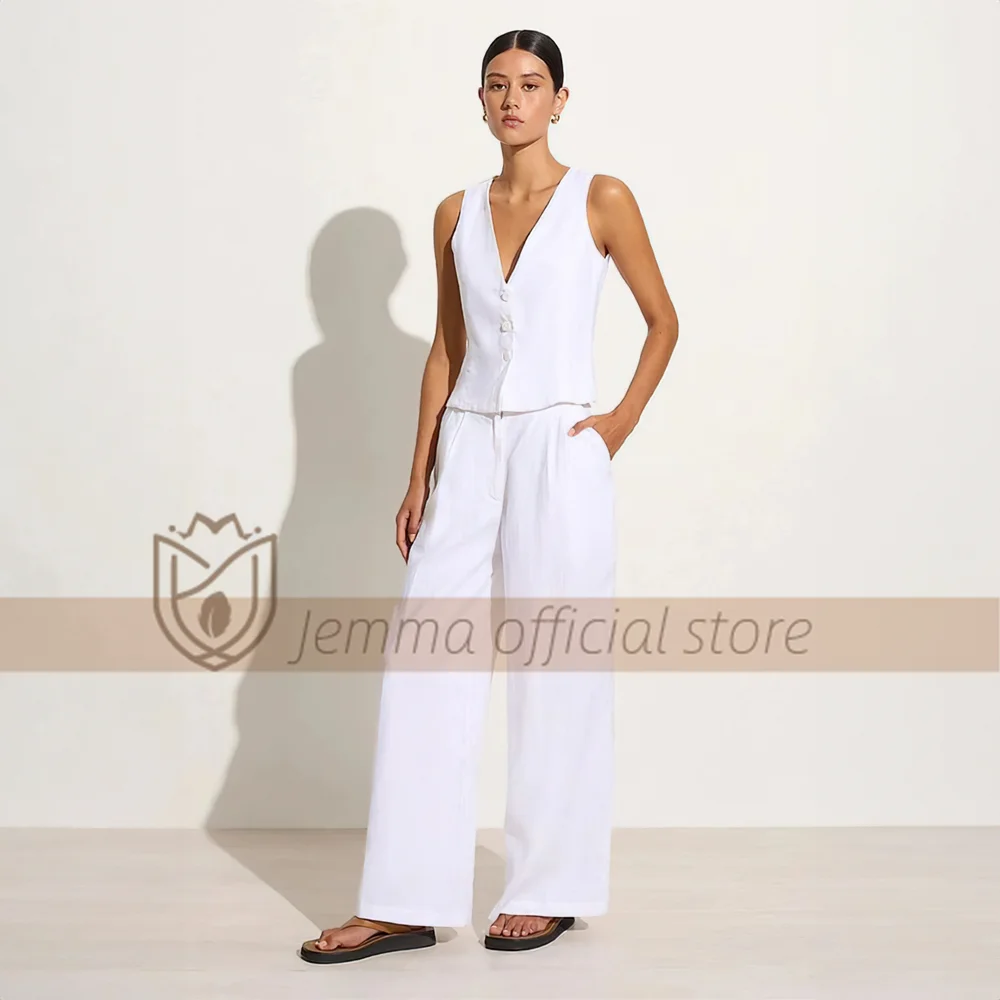 Women's customized white linen vest trousers set 2-piece set - elegant, comfortable, slim, lightweight office casual suit