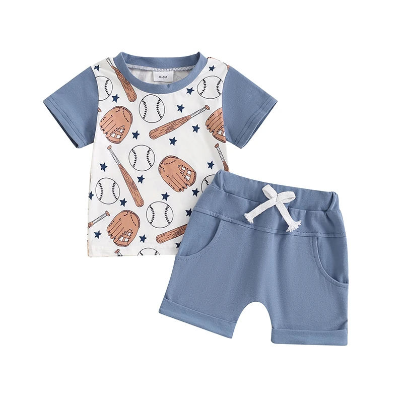 Summer Toddler Baby Boy Outfits Short Sleeve Baseball Print Tops + Shorts Set Casual Clothing