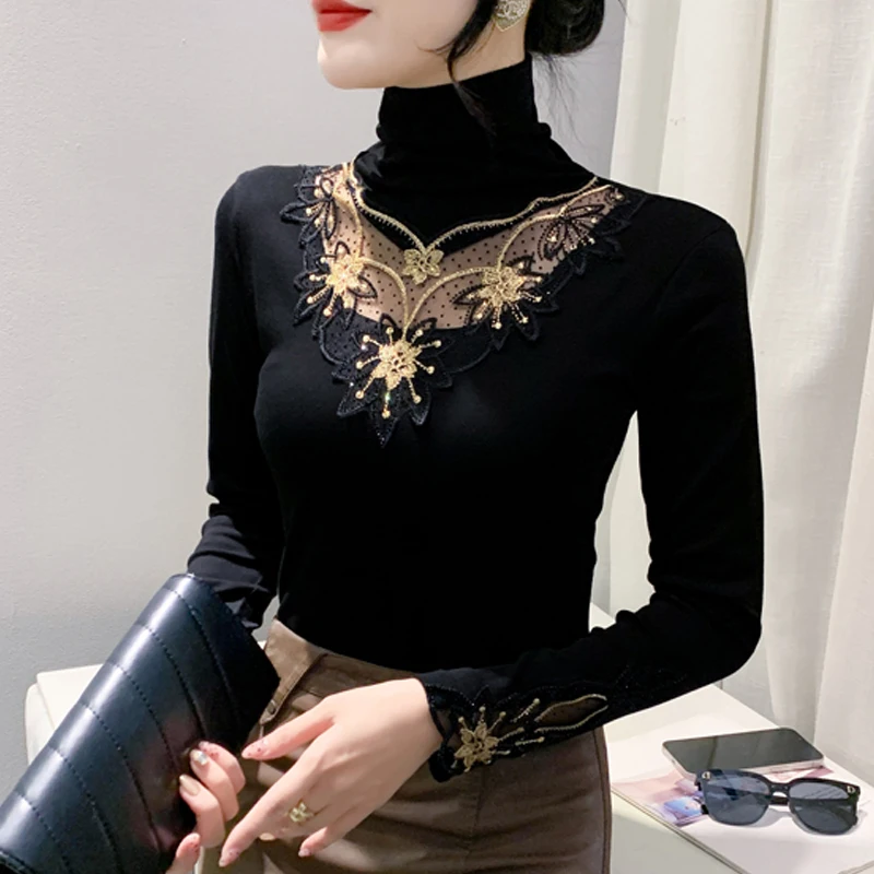 

Autumn Winter New High Collar Black T shirt Fashion Patchwork Lace embroidery Shirt Slim Fit Long Sleeve Women Diamond Tops