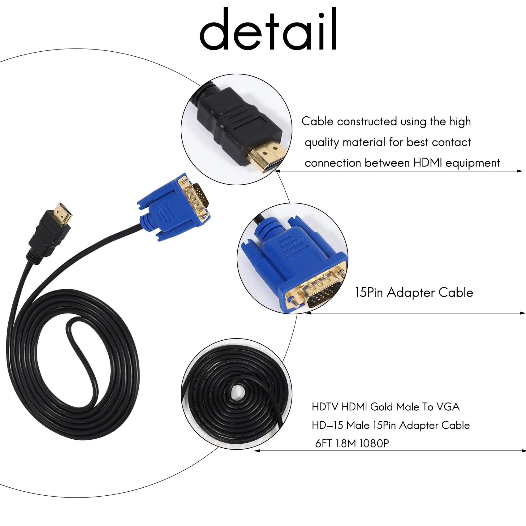 HDTV HDMI 골드 수-VGA HD-15 수, 15 핀 어댑터 케이블, 6FT, 1.8M, 1080P