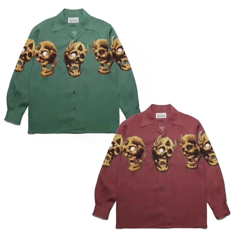 

WACKO MARIA Tattooed Skull Printing Polyester Shirt TEE New Oversize Lapel Button Breathable Men Women Hawaiian Long Sleeve Thin