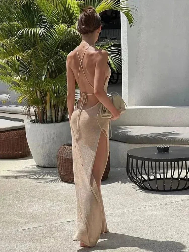Sexy See Through Knit Backless Lace-up Split Bodycon Beach Dress 2026 Summer Women Solid Halter Holiday Swimwear Cover-ups A2797 2