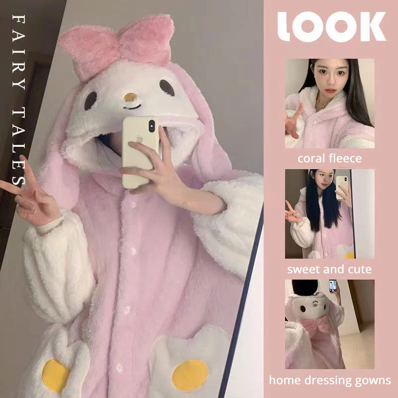 

Sanrio Kawaii My Melody Pajamas Hooded Household Nightgown Coral Velvet Female Girl Winter Keep Warm Clothing Pink Anime Plush