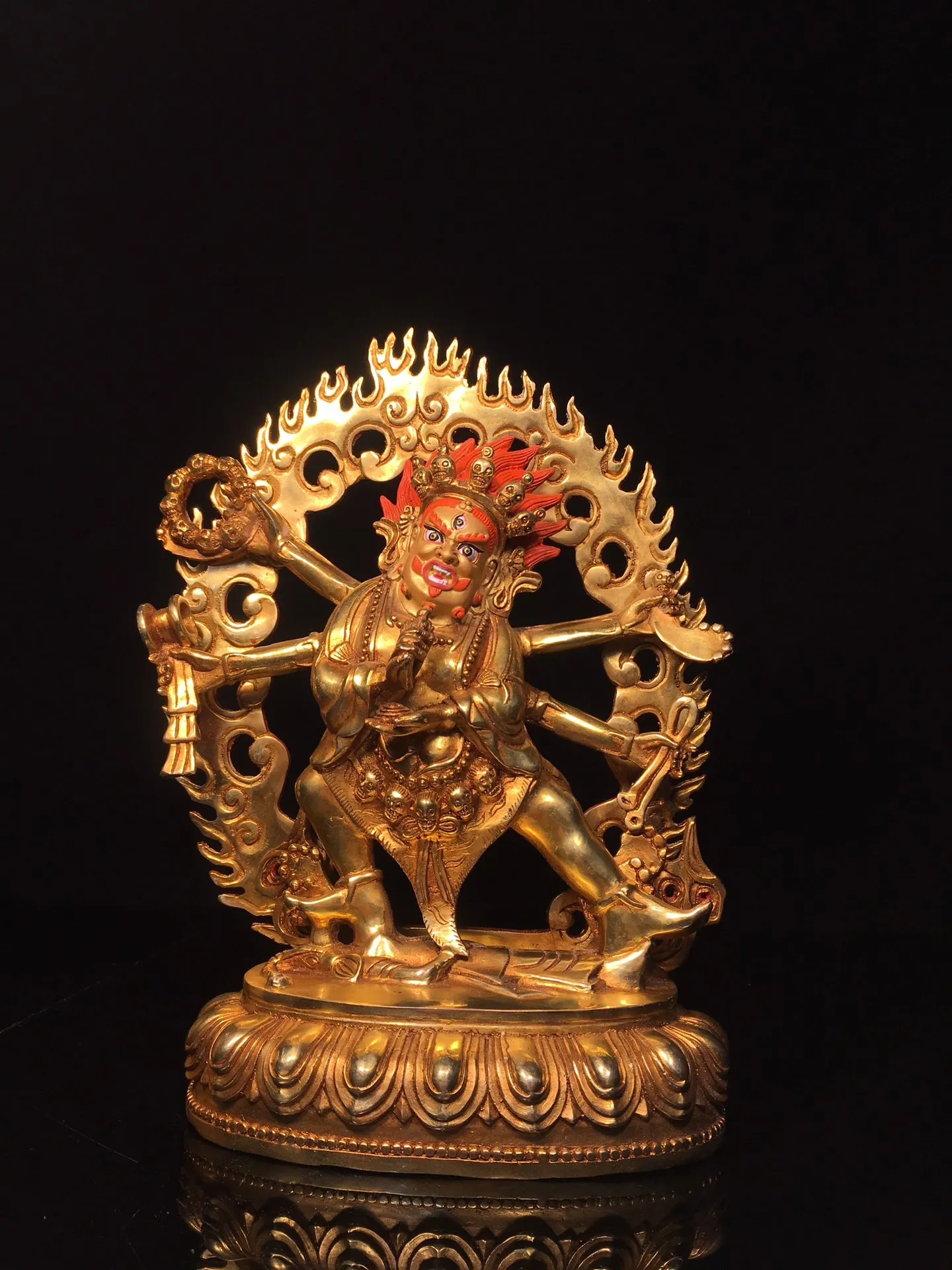 

11"Tibet Temple Collection Old Bronze Gilded Face Painting Backlight Six arms Mahakala Buddha Lotus Platform Worship Hall