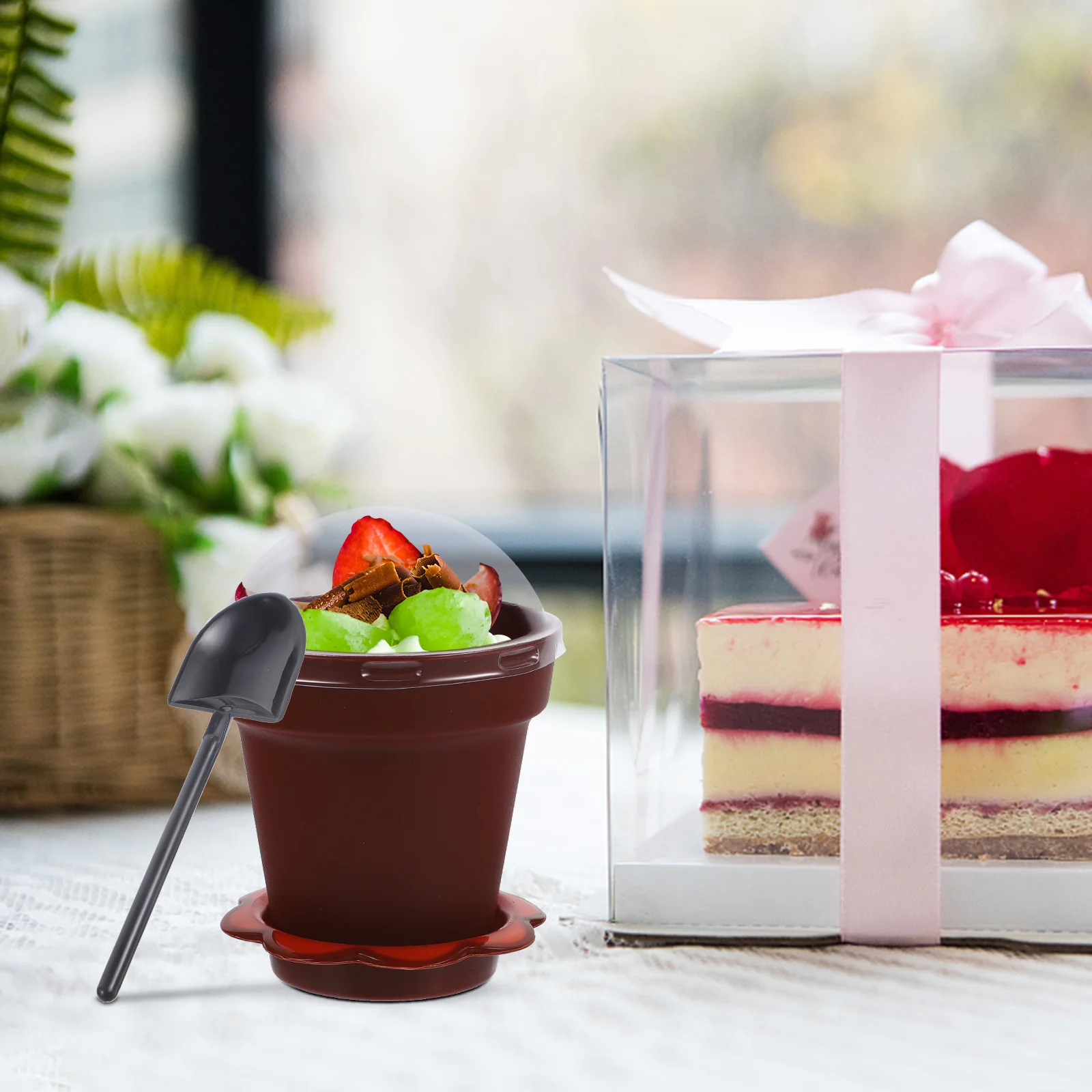 

Plastic Nursery Pot Yogurt Cup Cupcake Cups Parfait Terracotta Soda Lime Glass Flowerpot Cake Cups With Tray 8x7.5cm