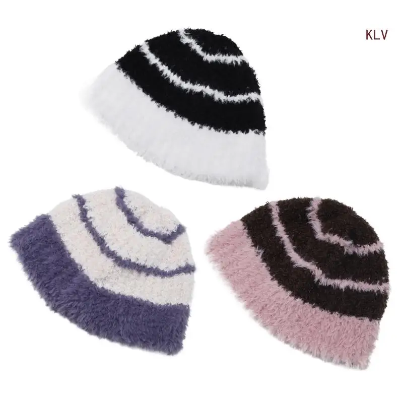 

Y2K Bucket Hat for Teens 2000s Girls Knitted Hat Unique Striped Photography Props Knitted Bucket Hat Handmade 6XDA