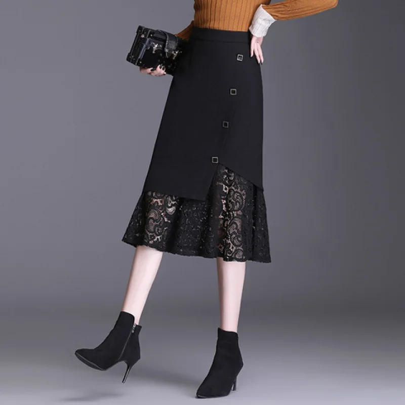

New Autumn Products Large Women Mermaid Lace Half Length Skirt Vintage High Waist A-line Japan Female Office Skirt