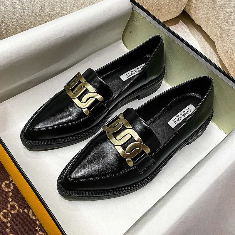 

Slip on Penny Shoes for Women Black Leather Sexy Pointy Toe Loafers Block Low Heels Ladies Spring Shoes Feetwear Plus Size 42