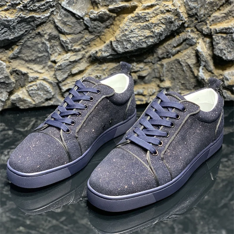 

Fashions Luxury Designer Low Top Red Bottoms Blue Diamonds Crystal Shoes For Men's Casual Flats Loafers Women's Wedding Sneakers