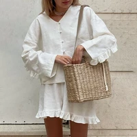 Tenue de salon vintage pour femme, chemise boutonnée à col en V, chemisier à manches longues, taille élastique en Y, short à volants, ensemble décontracté 2 pièces, automne 2
