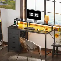 Desk with Drawers, 46" Gaming Desk with LED Lights, Computer table Small Office table with Outlets 2