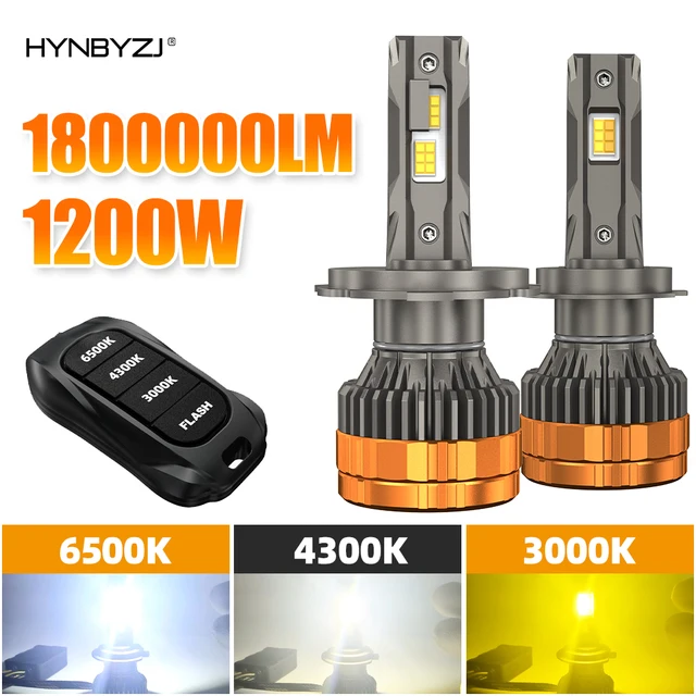 HYNBYZJ H7 1200W H4 LED ไฟหน้า H1 H11 9005 9006 9012 6500K 4300K 3000K สามสีรีโมทคอนโทรลสําหรับไฟหน้ารถ 1