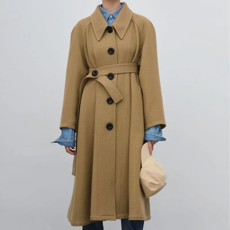 

VII 2023 Brand Lem Women's Woolen Coat Autumn and Winter Female Clothing Belt Button Loose Cozy Plus Tweed Coat Free Shipping