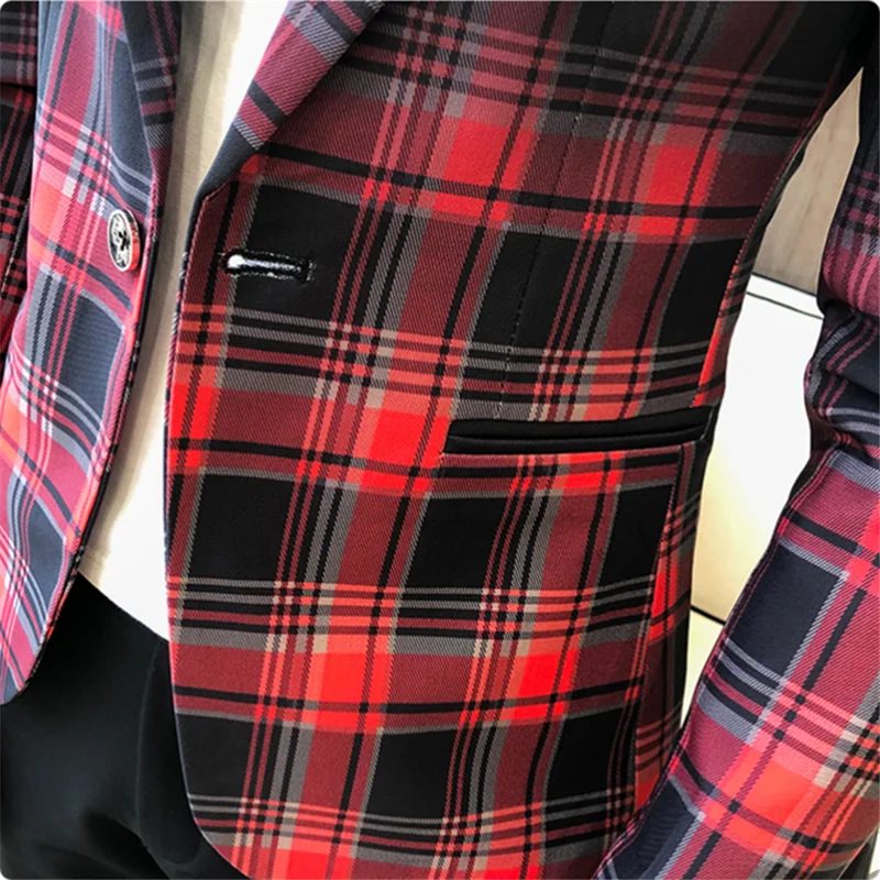 Spring Colorblock Plaid Blazer Men Slim Casual Wedding Business Party Coat M-3XL